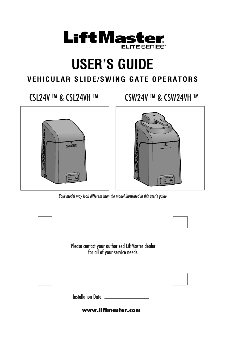 LiftMaster CSW24V High-Cycle Commercial DC Swing Gate Operator User Manual | 8 pages