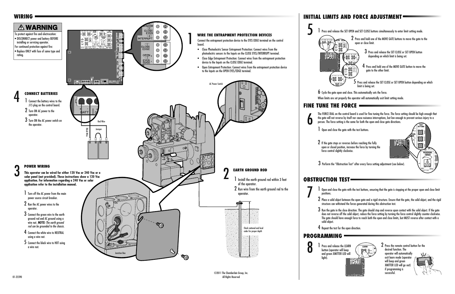 Wiring, Initial limits and force adjustment, Fine tune the force | Obstruction test, Programming | LiftMaster CSL24V High-Cycle Commercial Slide Gate Operator with Battery Backup User Manual | Page 2 / 2