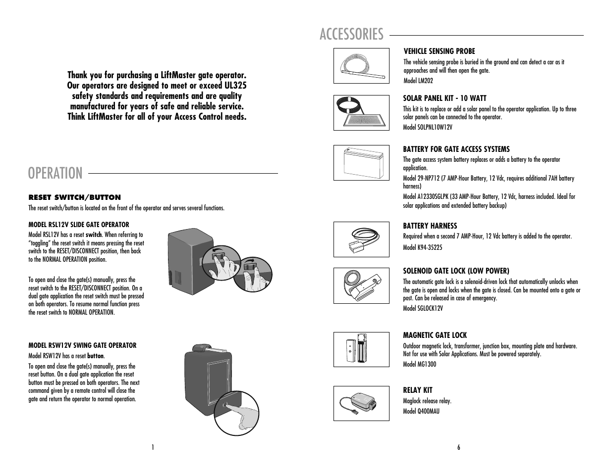 Operation, Reset switch/button, Accessories | LiftMaster RSW12V Residential / Light Commercial Swing Gate Operator with Battery Backup User Manual | Page 2 / 8