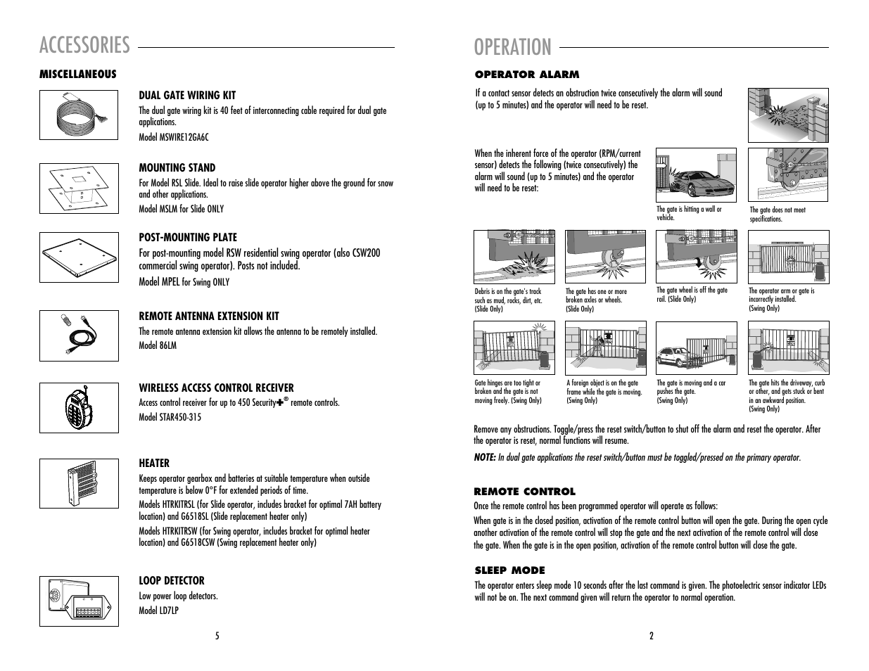 Operator alarm, Remote control, Sleep mode | Accessories operation, Open, Open close | LiftMaster RSW12V Residential / Light Commercial Swing Gate Operator with Battery Backup User Manual | Page 3 / 8