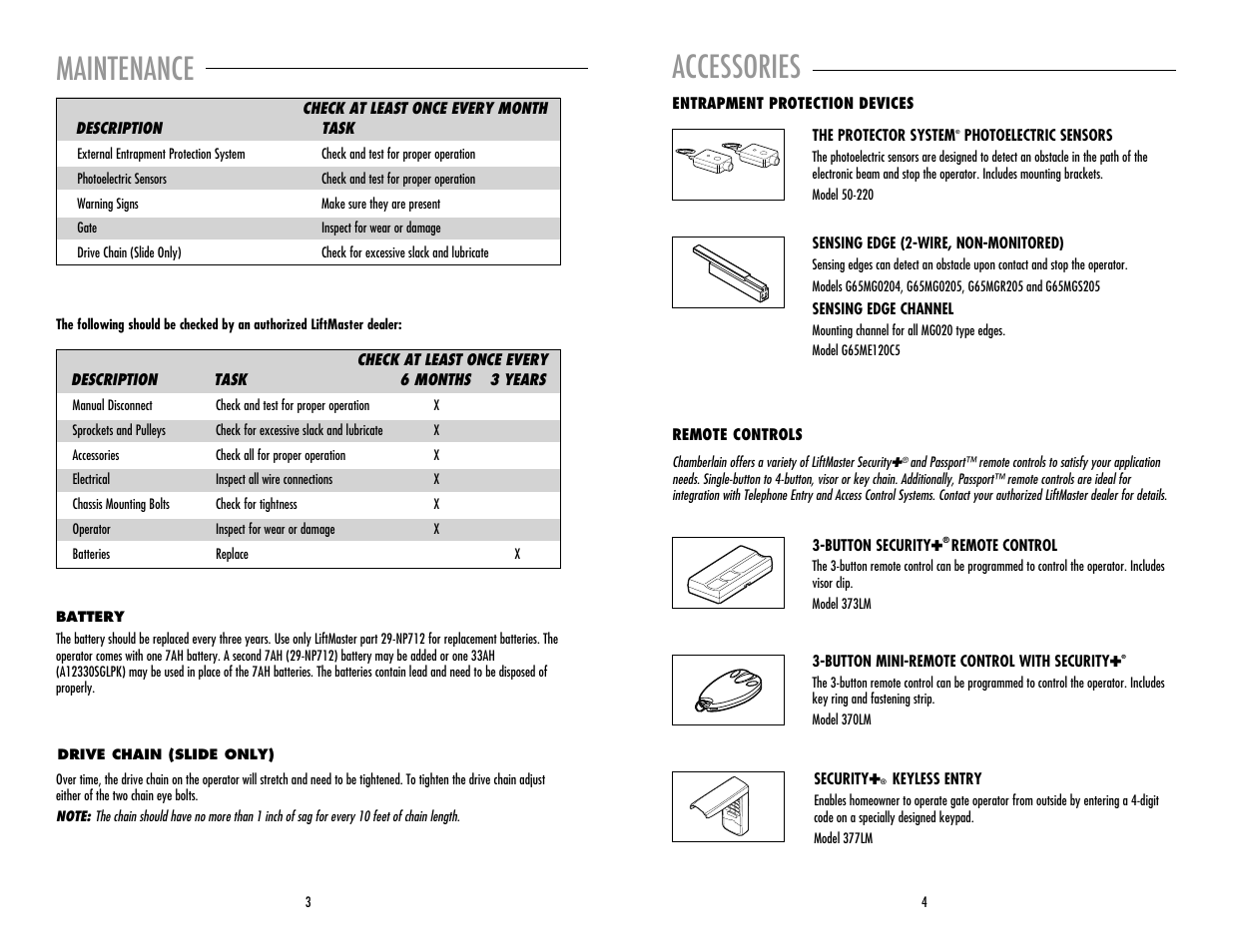 Maintenance, Battery, Drive chain (slide only) | Accessories, Open, Open close | LiftMaster RSW12V Residential / Light Commercial Swing Gate Operator with Battery Backup User Manual | Page 4 / 8