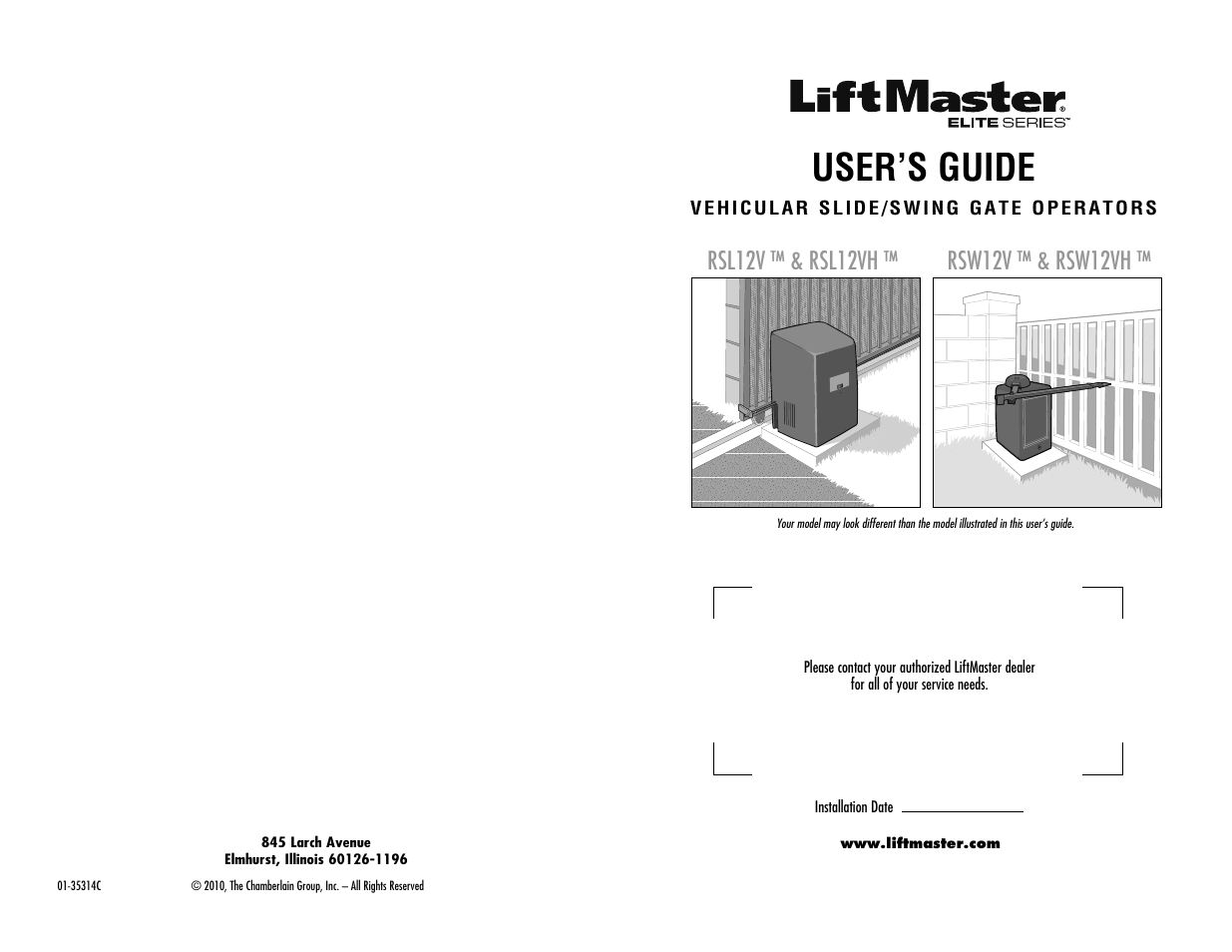 Address, User’s guide | LiftMaster RSW12V Residential / Light Commercial Swing Gate Operator with Battery Backup User Manual | Page 8 / 8