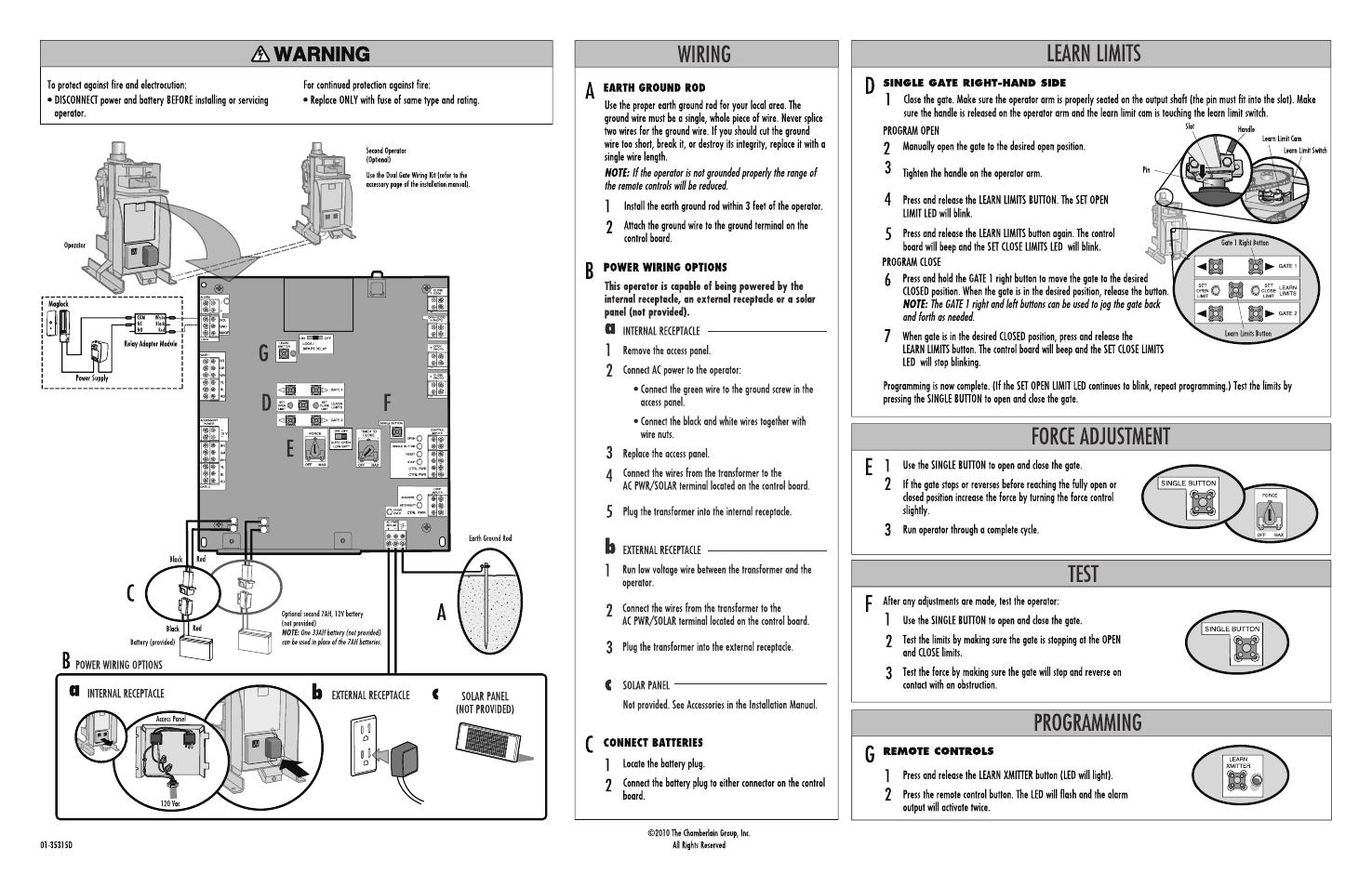 Wiring, Learn limits, Force adjustment | Test, Wiring в, Learn limits d, Programming, Ж warning | LiftMaster RSW12V Residential / Light Commercial Swing Gate Operator with Battery Backup User Manual | Page 2 / 2