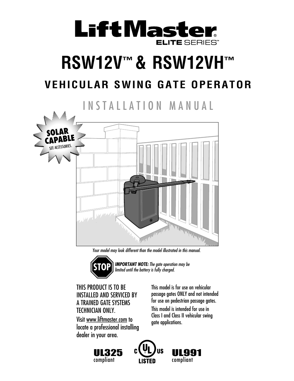 LiftMaster RSW12V Residential / Light Commercial Swing Gate Operator with Battery Backup User Manual | 36 pages