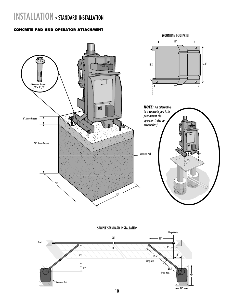 Installation, Standard installation | LiftMaster RSW12V Residential / Light Commercial Swing Gate Operator with Battery Backup User Manual | Page 11 / 36