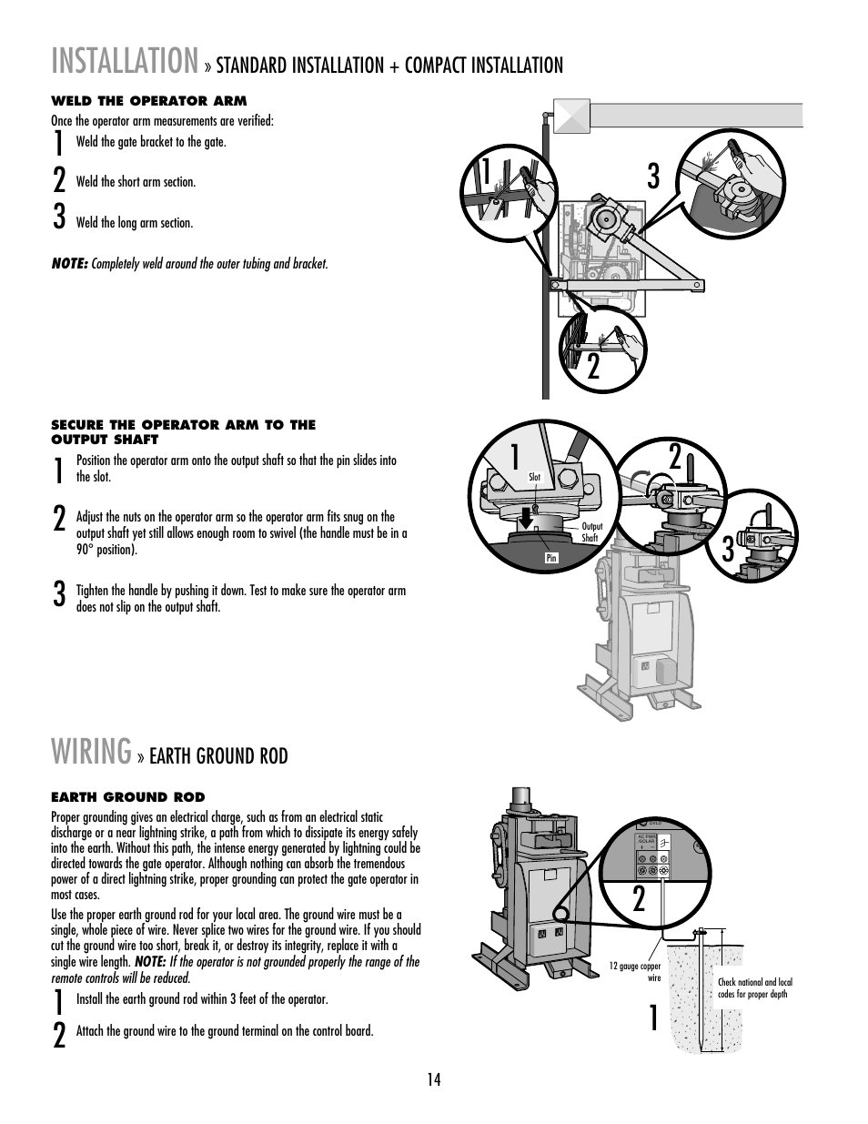 Wiring, Earth ground rod (optional), Installation | LiftMaster RSW12V Residential / Light Commercial Swing Gate Operator with Battery Backup User Manual | Page 15 / 36