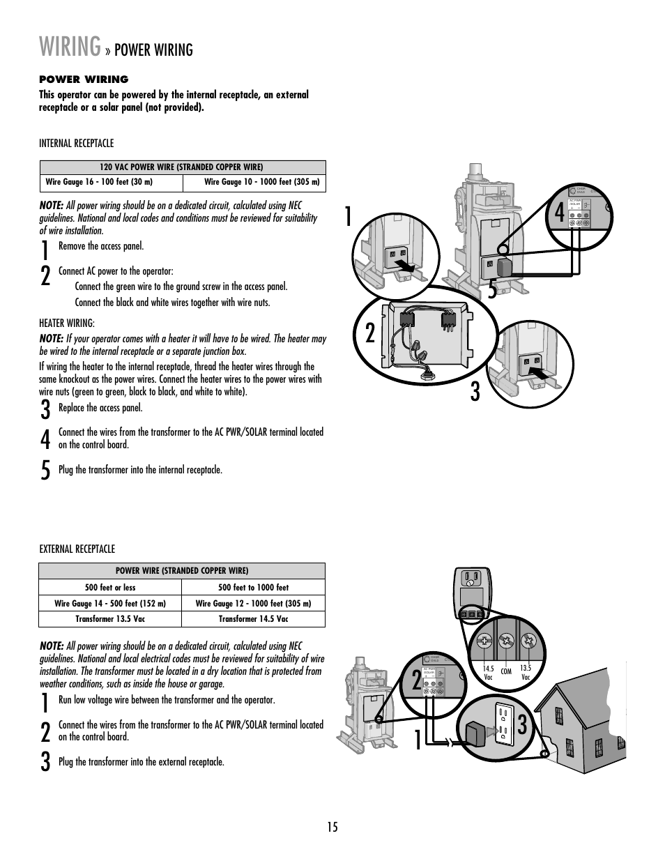 Power wiring, Wiring | LiftMaster RSW12V Residential / Light Commercial Swing Gate Operator with Battery Backup User Manual | Page 16 / 36