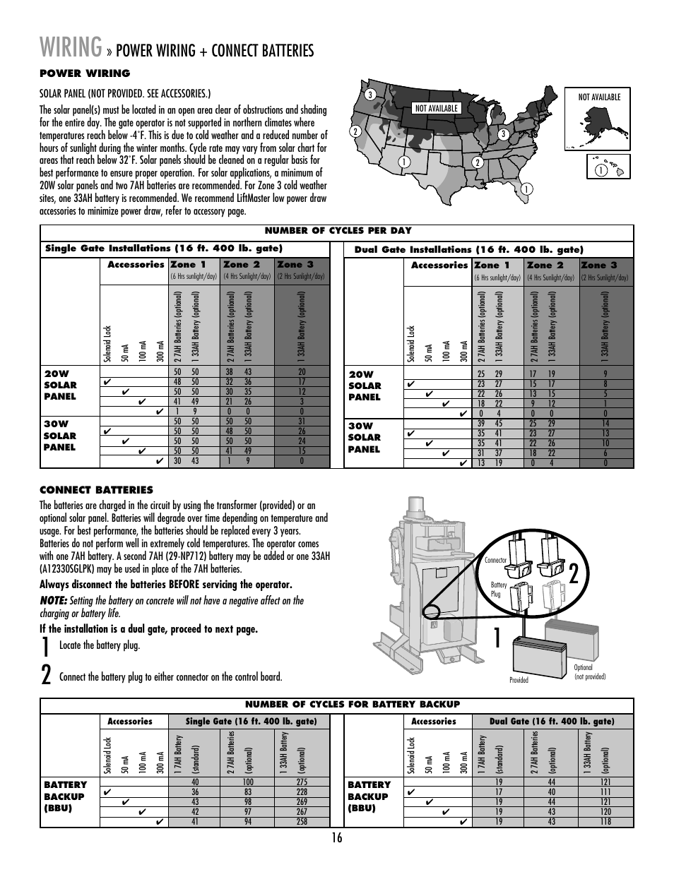 Connect batteries, Wiring, Power wiring + connect batteries | LiftMaster RSW12V Residential / Light Commercial Swing Gate Operator with Battery Backup User Manual | Page 17 / 36