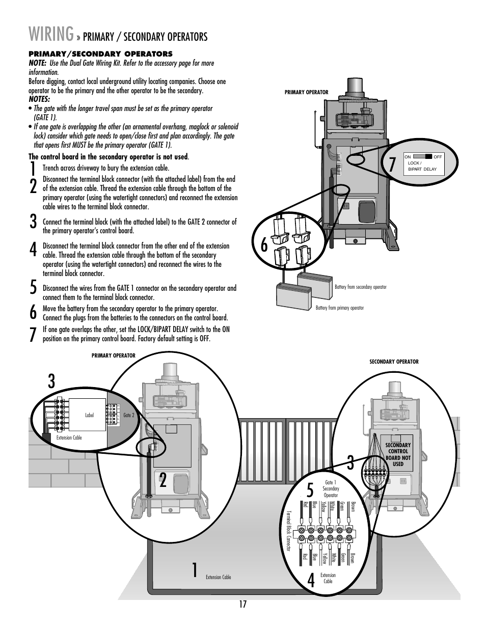 Primary/secondary operators, Wiring, Primary / secondary operators | LiftMaster RSW12V Residential / Light Commercial Swing Gate Operator with Battery Backup User Manual | Page 18 / 36