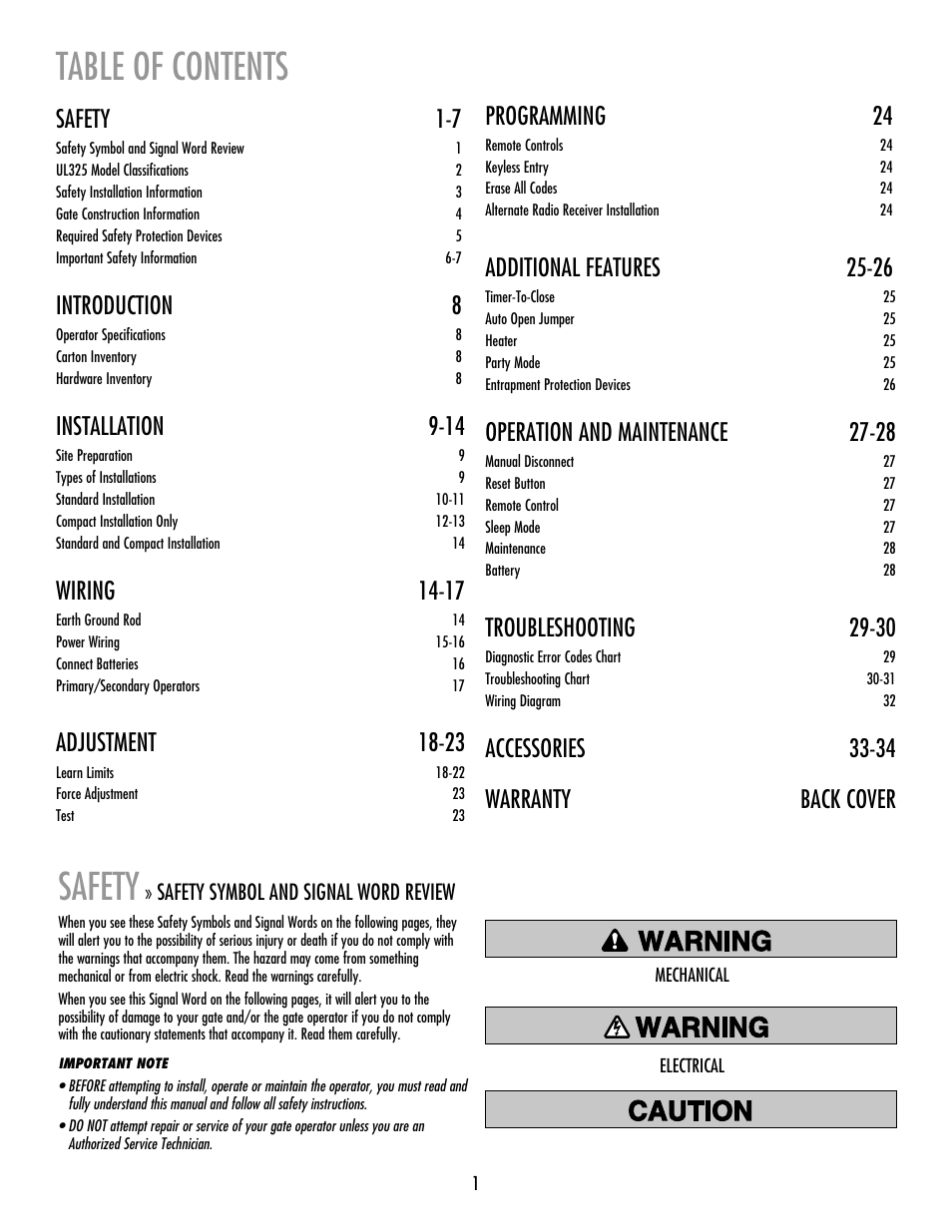 LiftMaster RSW12V Residential / Light Commercial Swing Gate Operator with Battery Backup User Manual | Page 2 / 36