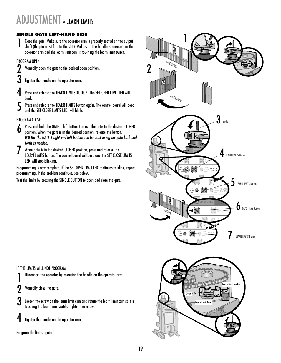 Adjustment, Learn limits | LiftMaster RSW12V Residential / Light Commercial Swing Gate Operator with Battery Backup User Manual | Page 20 / 36