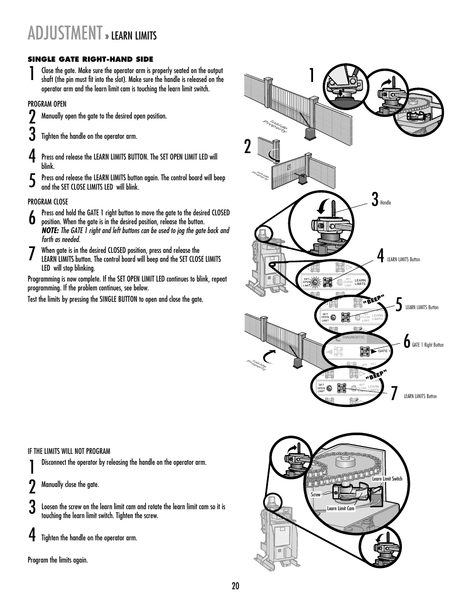 Adjustment, Learn limits | LiftMaster RSW12V Residential / Light Commercial Swing Gate Operator with Battery Backup User Manual | Page 21 / 36