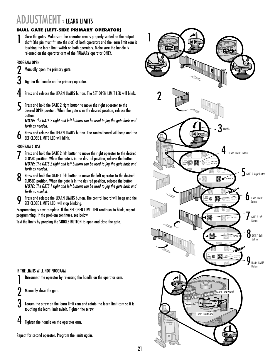Adjustment, Learn limits | LiftMaster RSW12V Residential / Light Commercial Swing Gate Operator with Battery Backup User Manual | Page 22 / 36