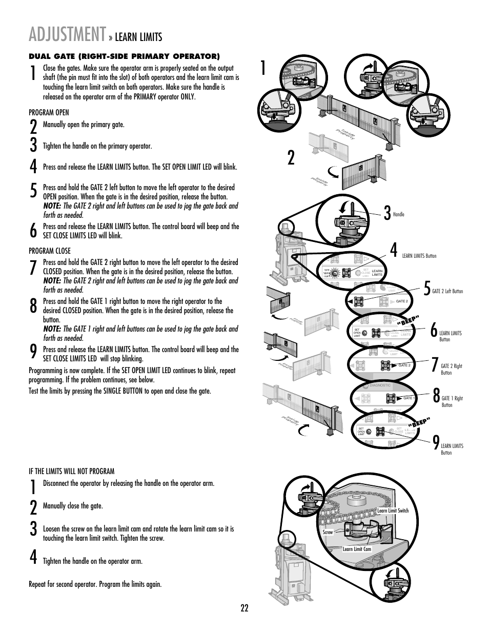 Adjustment, Learn limits | LiftMaster RSW12V Residential / Light Commercial Swing Gate Operator with Battery Backup User Manual | Page 23 / 36