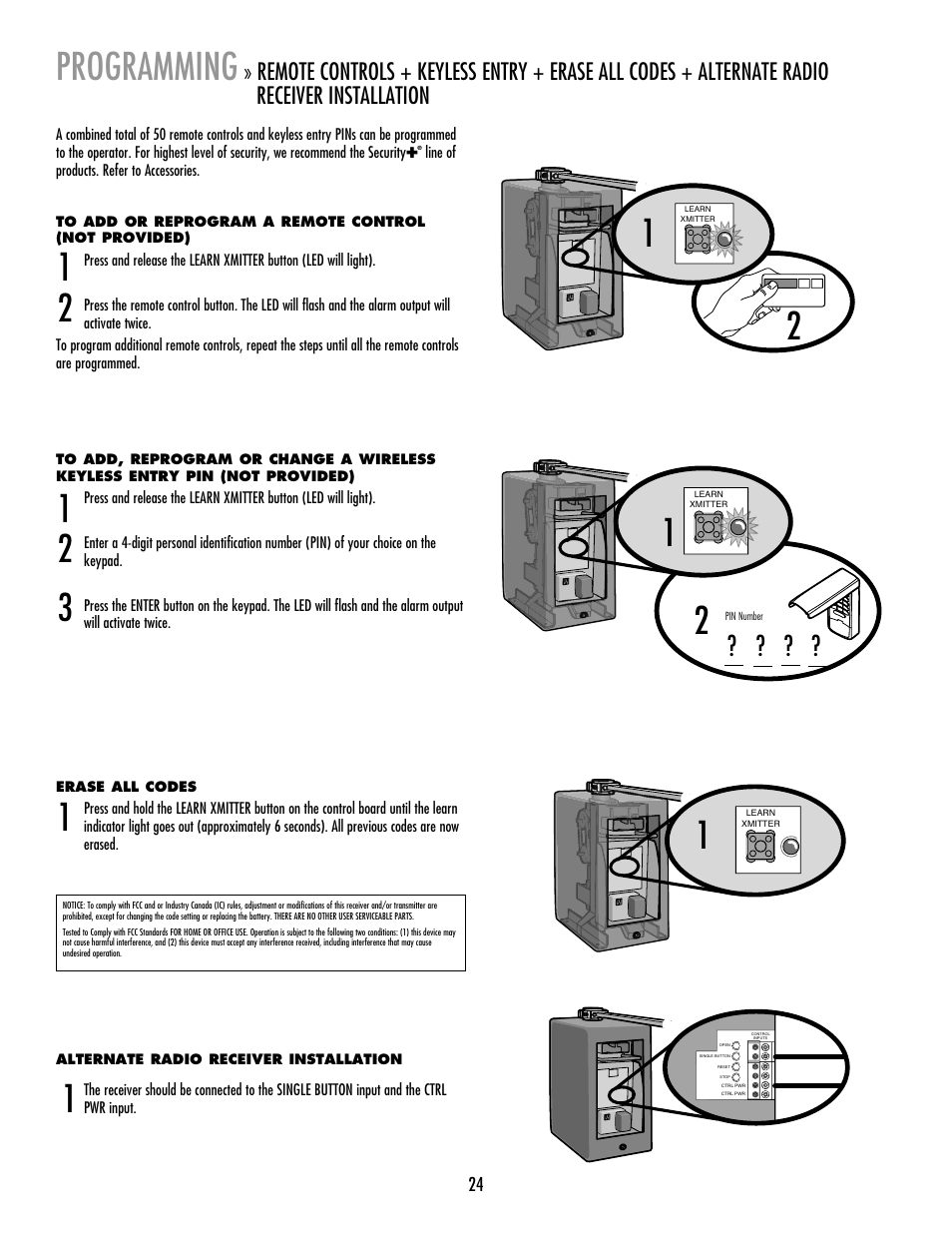 Programming, Erase all codes, Alternate radio receiver installation | LiftMaster RSW12V Residential / Light Commercial Swing Gate Operator with Battery Backup User Manual | Page 25 / 36