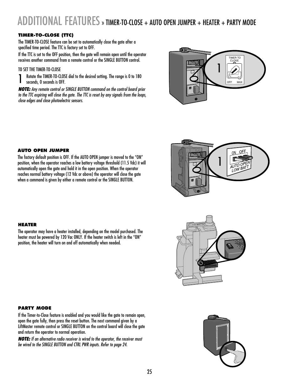 Additional features, Timer-to-close (ttc), Auto open jumper | Heater, Party mode | LiftMaster RSW12V Residential / Light Commercial Swing Gate Operator with Battery Backup User Manual | Page 26 / 36