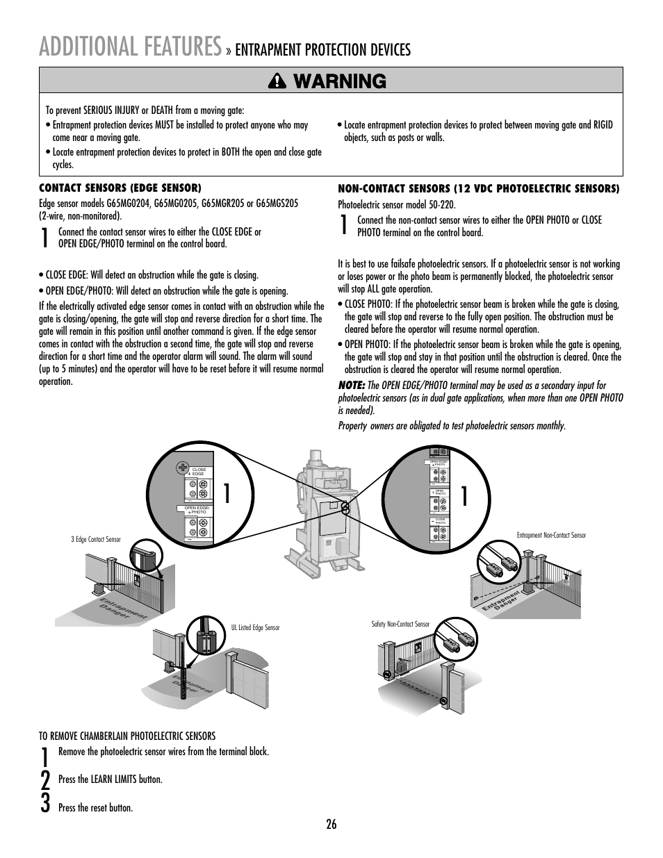 Entrapment protection devices, Additional features | LiftMaster RSW12V Residential / Light Commercial Swing Gate Operator with Battery Backup User Manual | Page 27 / 36