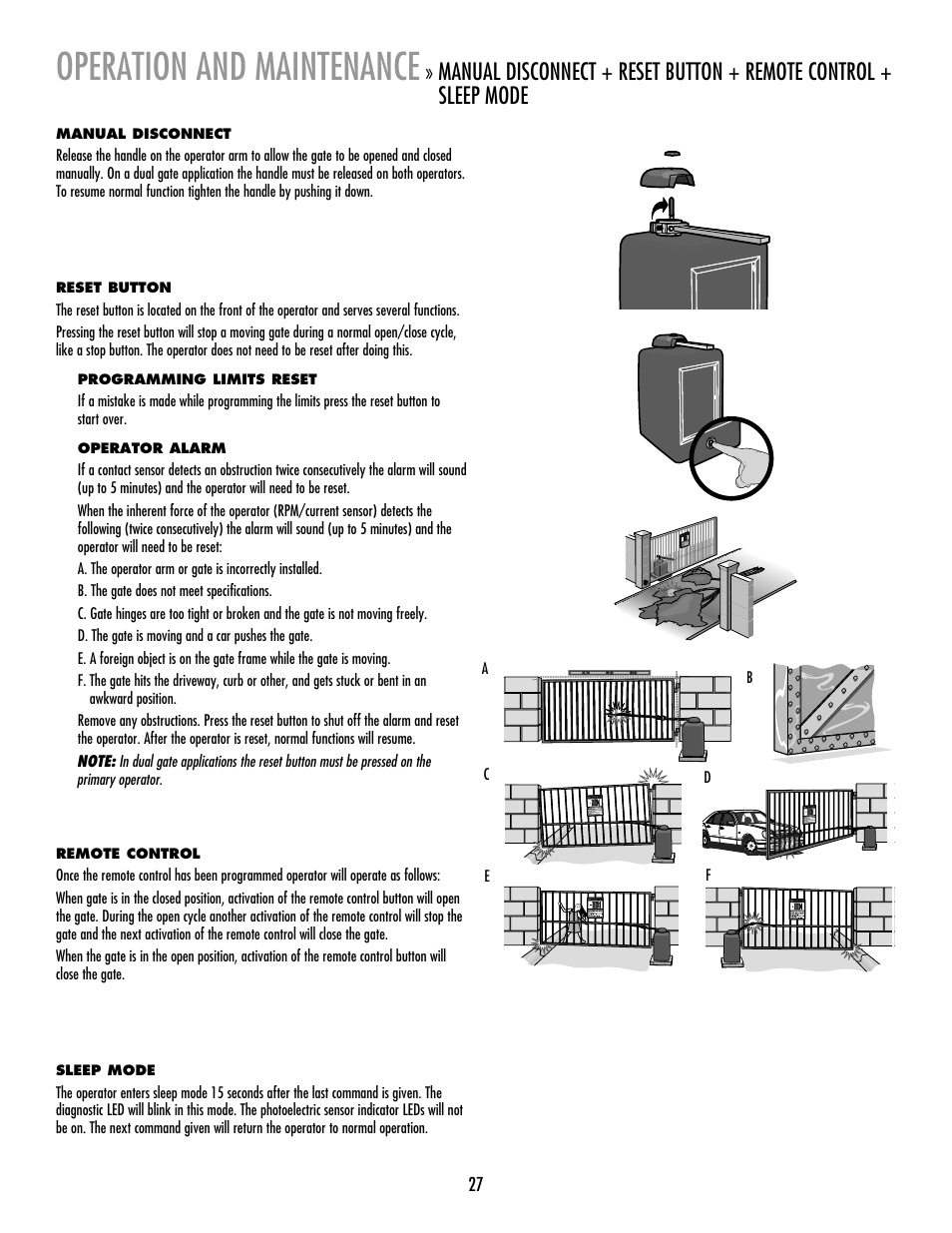 Operation and maintenance | LiftMaster RSW12V Residential / Light Commercial Swing Gate Operator with Battery Backup User Manual | Page 28 / 36