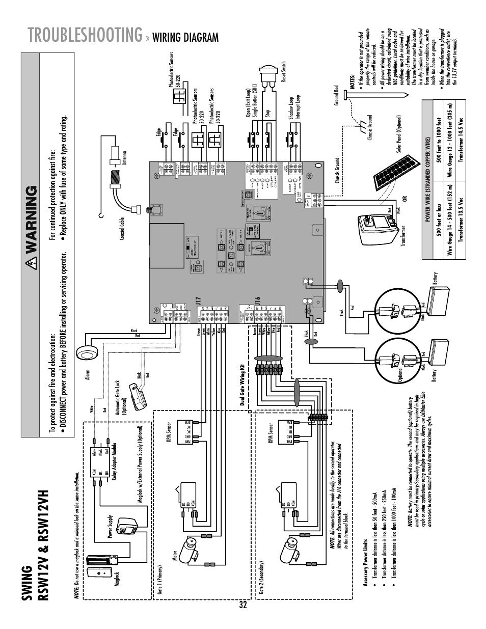 Wiring diagram | LiftMaster RSW12V Residential / Light Commercial Swing Gate Operator with Battery Backup User Manual | Page 33 / 36