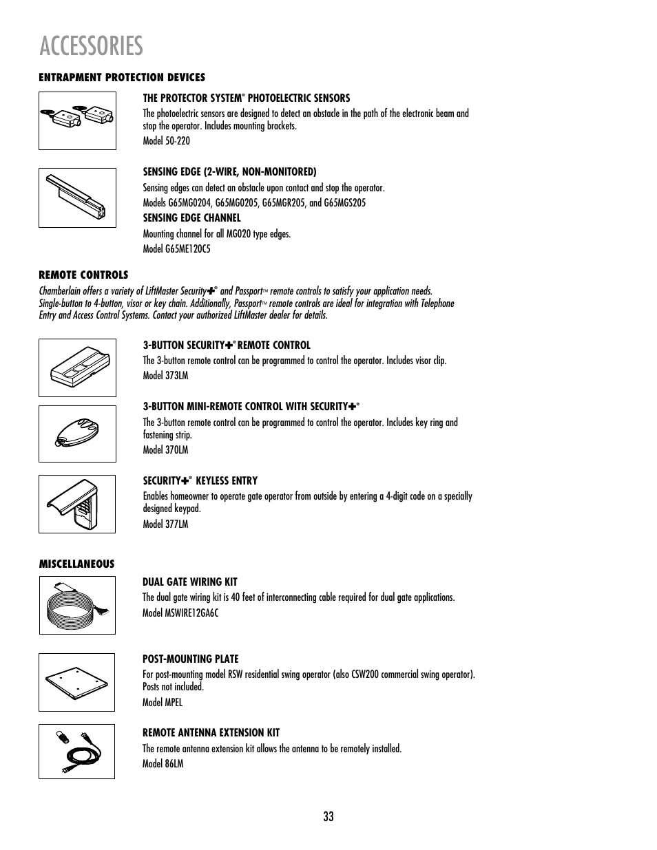 Accessories | LiftMaster RSW12V Residential / Light Commercial Swing Gate Operator with Battery Backup User Manual | Page 34 / 36