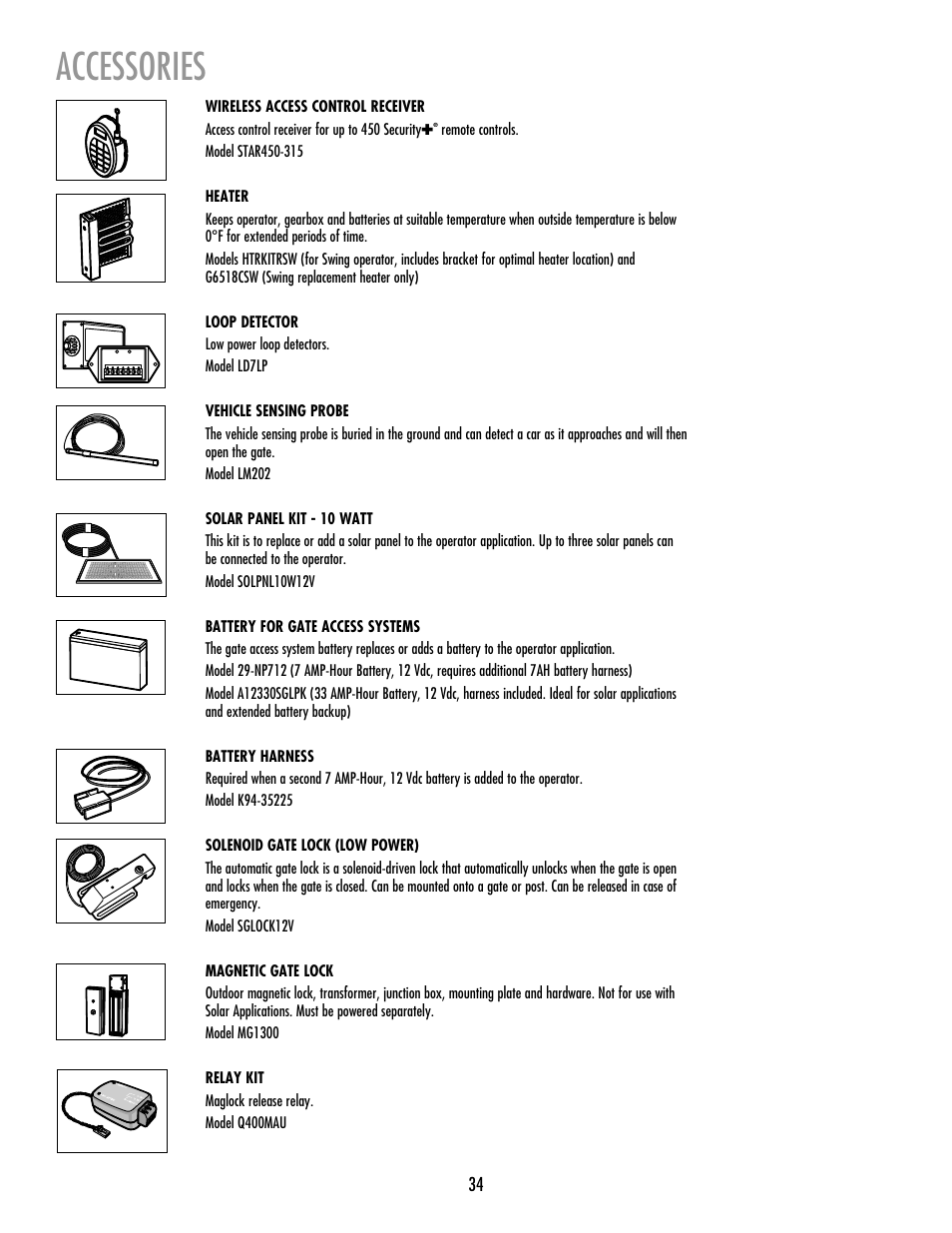 Accessories | LiftMaster RSW12V Residential / Light Commercial Swing Gate Operator with Battery Backup User Manual | Page 35 / 36