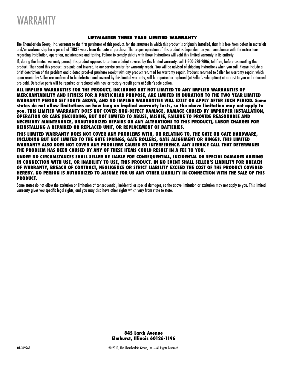 Warranty | LiftMaster RSW12V Residential / Light Commercial Swing Gate Operator with Battery Backup User Manual | Page 36 / 36