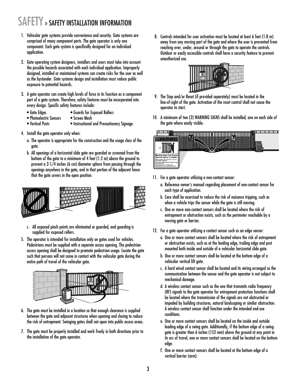 Safety, Safety installation information | LiftMaster RSW12V Residential / Light Commercial Swing Gate Operator with Battery Backup User Manual | Page 4 / 36