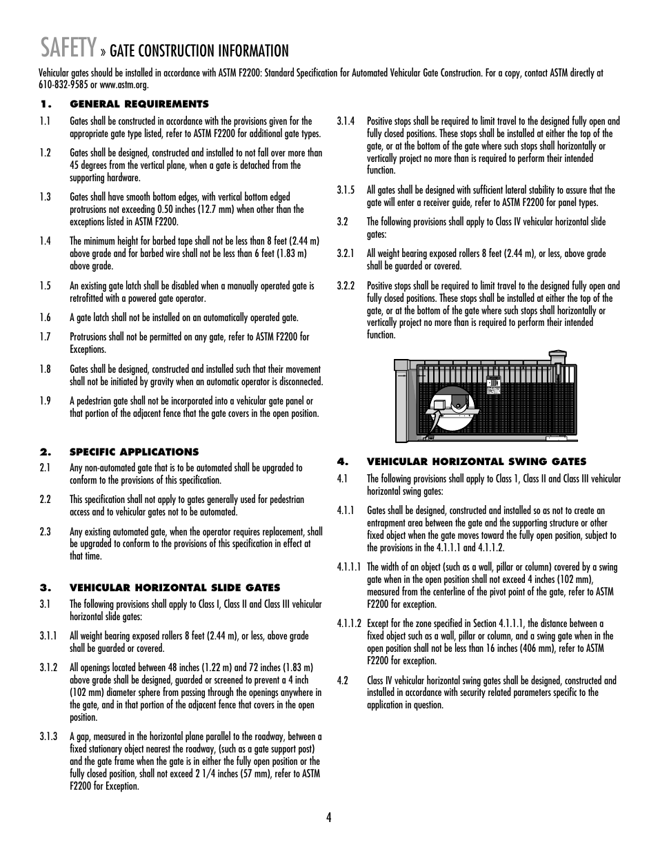 Safety, Gate construction information | LiftMaster RSW12V Residential / Light Commercial Swing Gate Operator with Battery Backup User Manual | Page 5 / 36