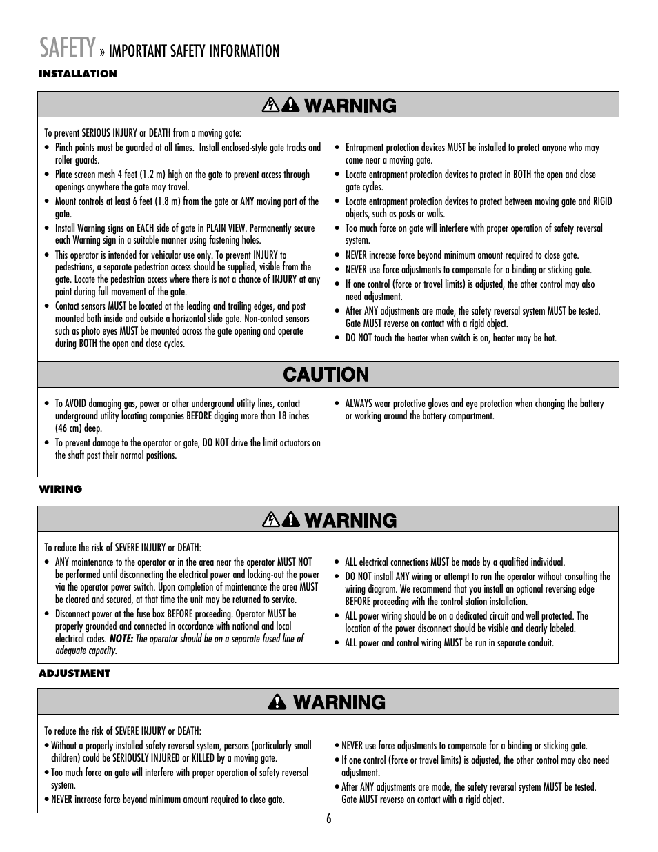 Safety, Important safety information | LiftMaster RSW12V Residential / Light Commercial Swing Gate Operator with Battery Backup User Manual | Page 7 / 36
