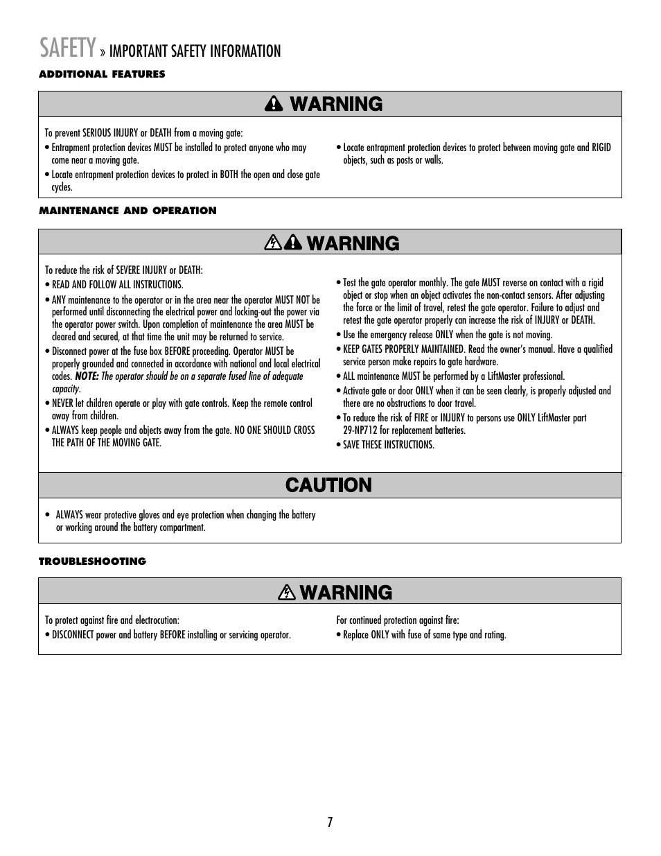 Safety, Important safety information | LiftMaster RSW12V Residential / Light Commercial Swing Gate Operator with Battery Backup User Manual | Page 8 / 36