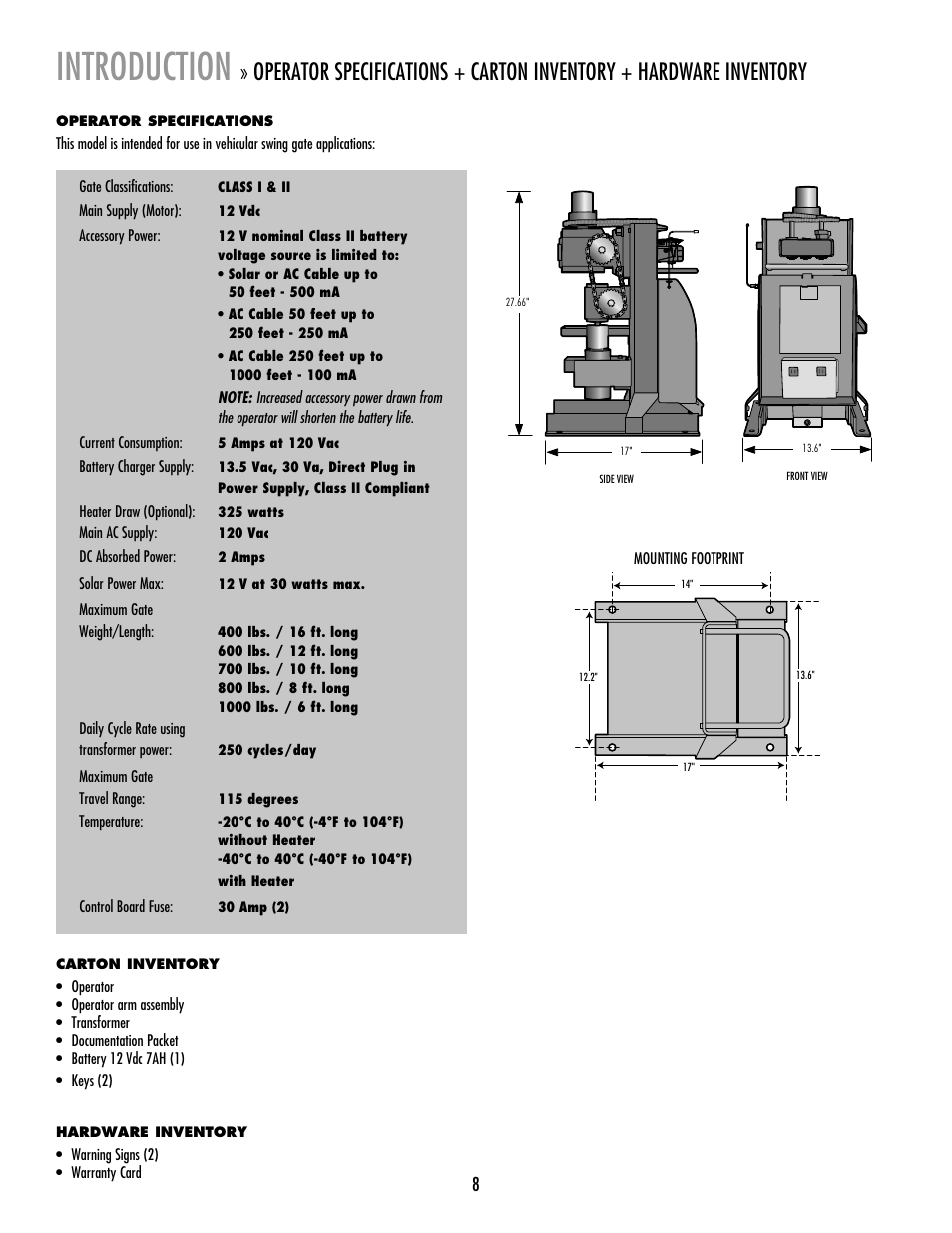 Introduction, Operator specifications, Carton inventory | Hardware inventory | LiftMaster RSW12V Residential / Light Commercial Swing Gate Operator with Battery Backup User Manual | Page 9 / 36