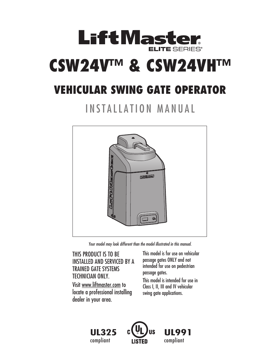 LiftMaster CSW24V High-Cycle Commercial DC Swing Gate Operator User Manual | 52 pages