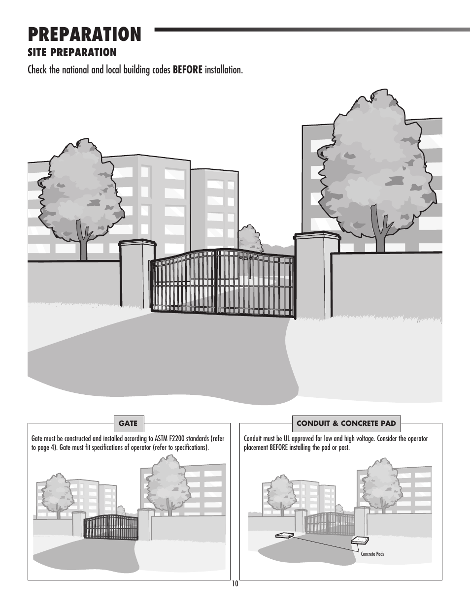 Preparation, Site preparation | LiftMaster CSW24V High-Cycle Commercial DC Swing Gate Operator User Manual | Page 12 / 52