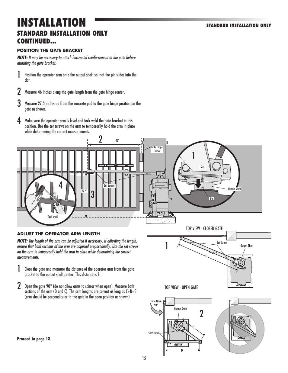 Installation, Standard installation only continued | LiftMaster CSW24V High-Cycle Commercial DC Swing Gate Operator User Manual | Page 17 / 52