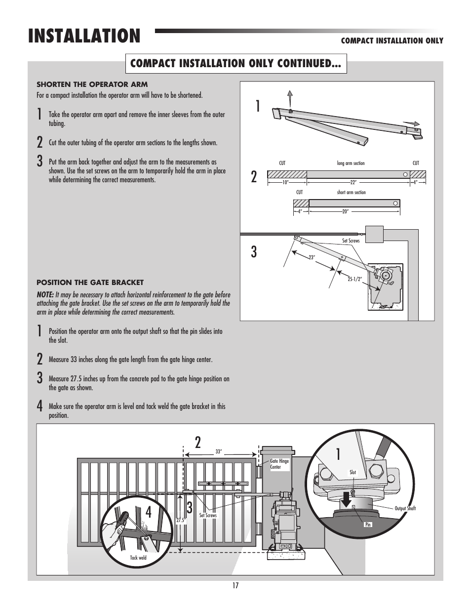 Installation, Compact installation only continued | LiftMaster CSW24V High-Cycle Commercial DC Swing Gate Operator User Manual | Page 19 / 52