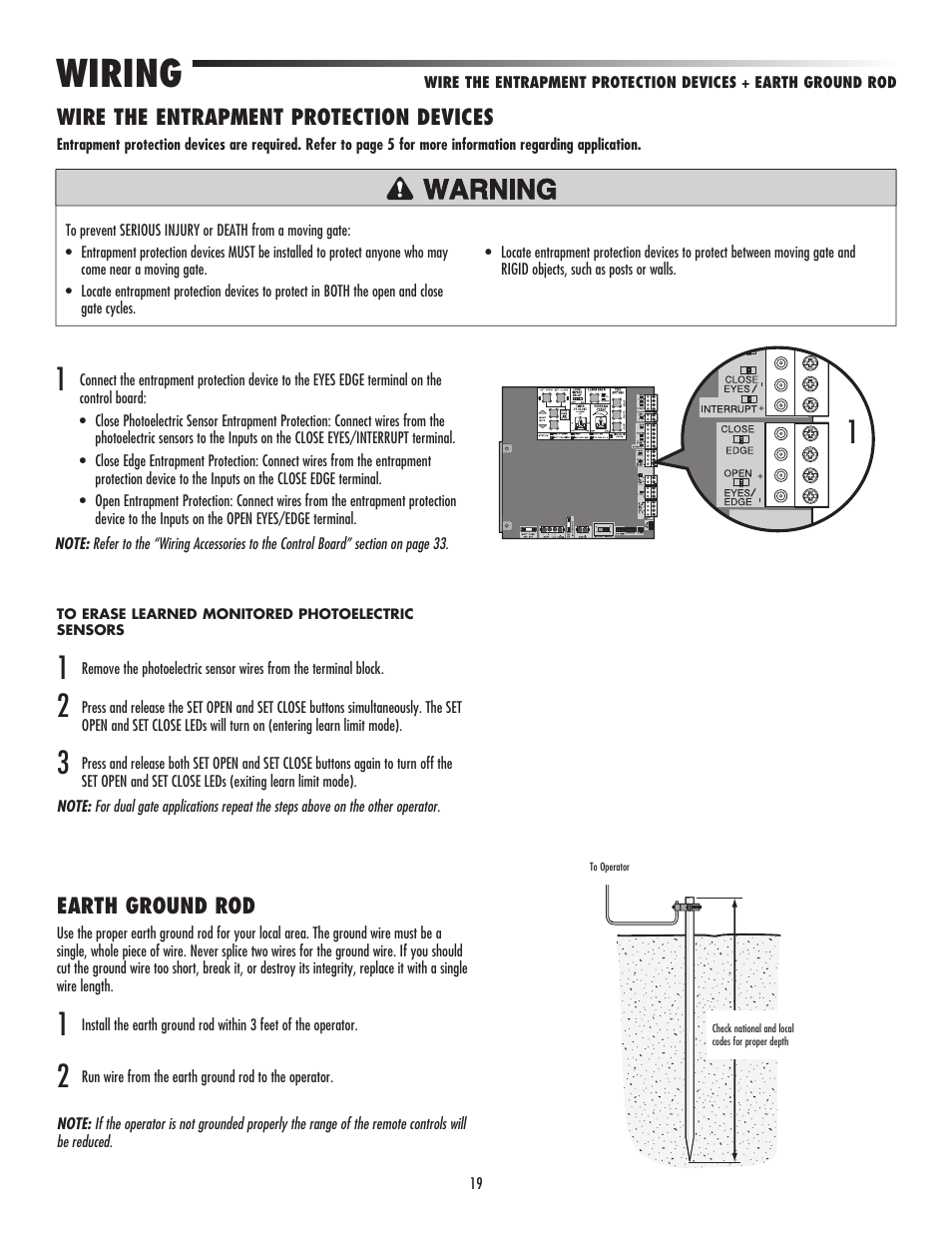 Wiring, Wire the entrapment protection devices, Earth ground rod | LiftMaster CSW24V High-Cycle Commercial DC Swing Gate Operator User Manual | Page 21 / 52