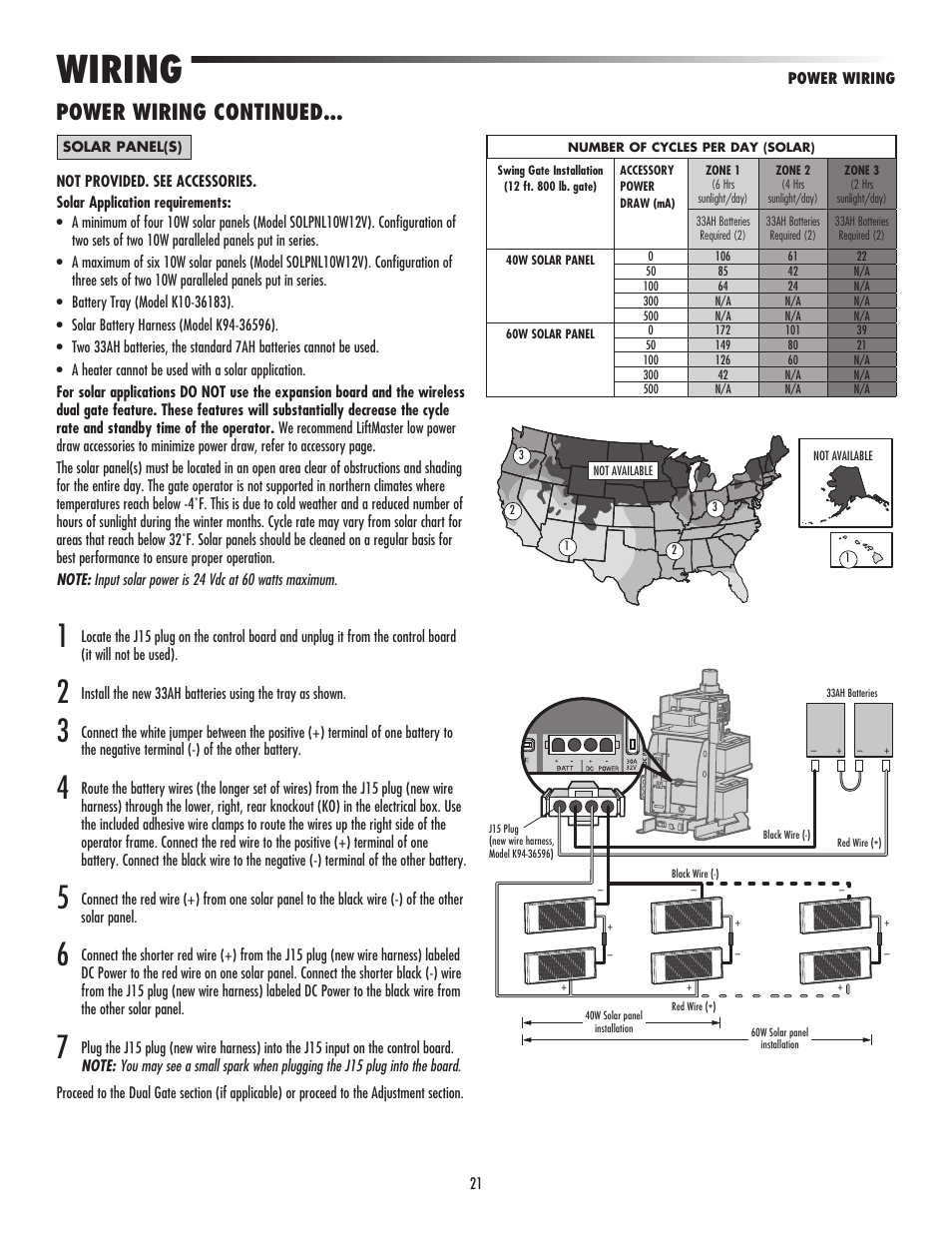 Wiring, Power wiring continued | LiftMaster CSW24V High-Cycle Commercial DC Swing Gate Operator User Manual | Page 23 / 52