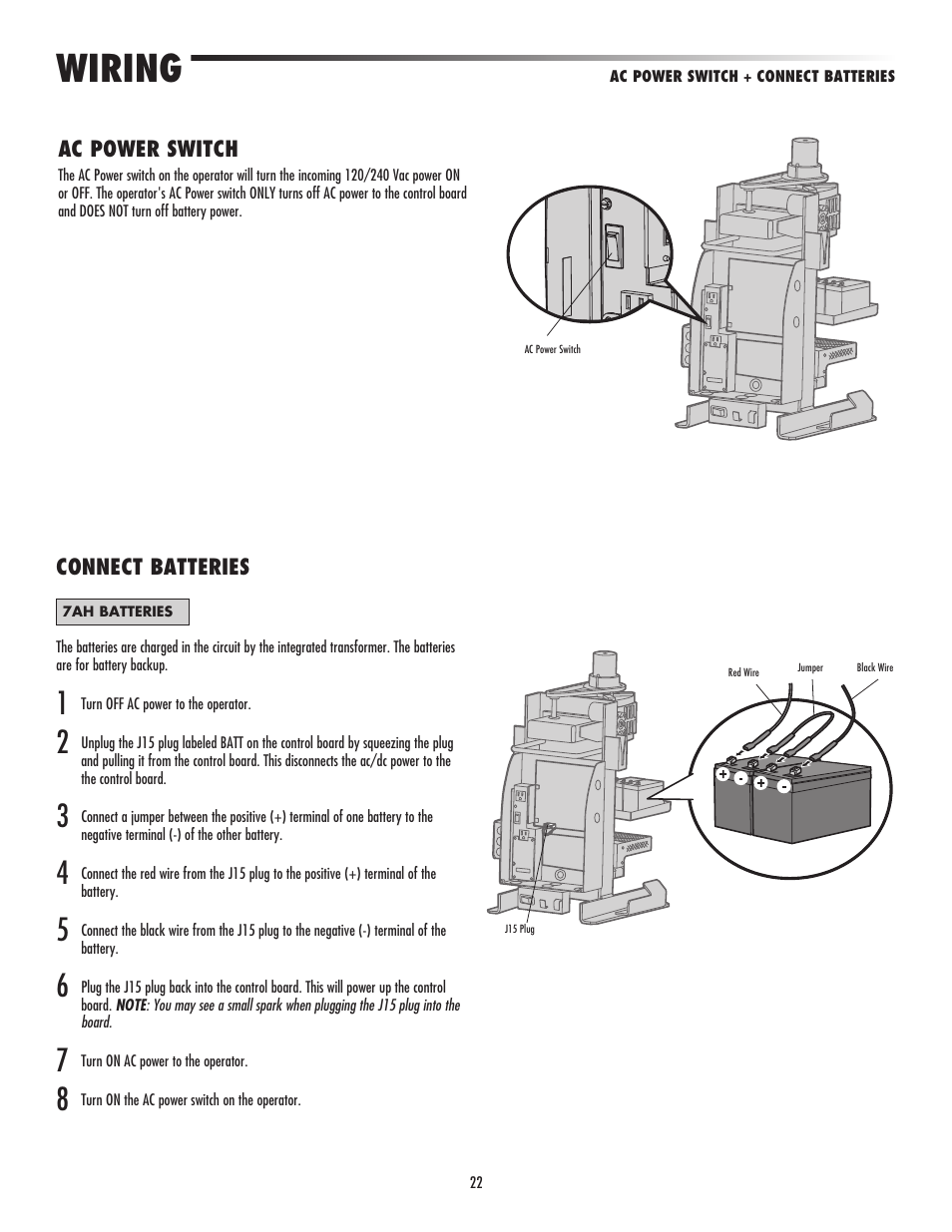 Connect batteries, Wiring | LiftMaster CSW24V High-Cycle Commercial DC Swing Gate Operator User Manual | Page 24 / 52