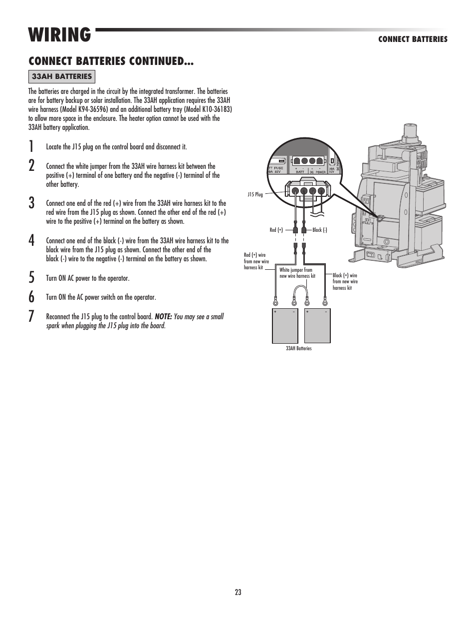 Wiring, Connect batteries continued | LiftMaster CSW24V High-Cycle Commercial DC Swing Gate Operator User Manual | Page 25 / 52