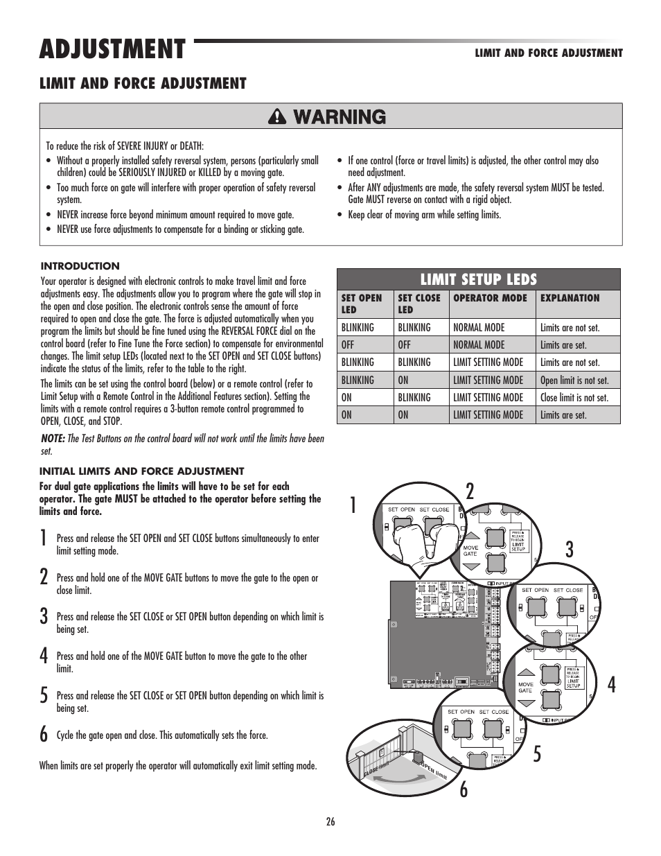 Adjustment, Limit and force adjustment, Limit setup leds | LiftMaster CSW24V High-Cycle Commercial DC Swing Gate Operator User Manual | Page 28 / 52