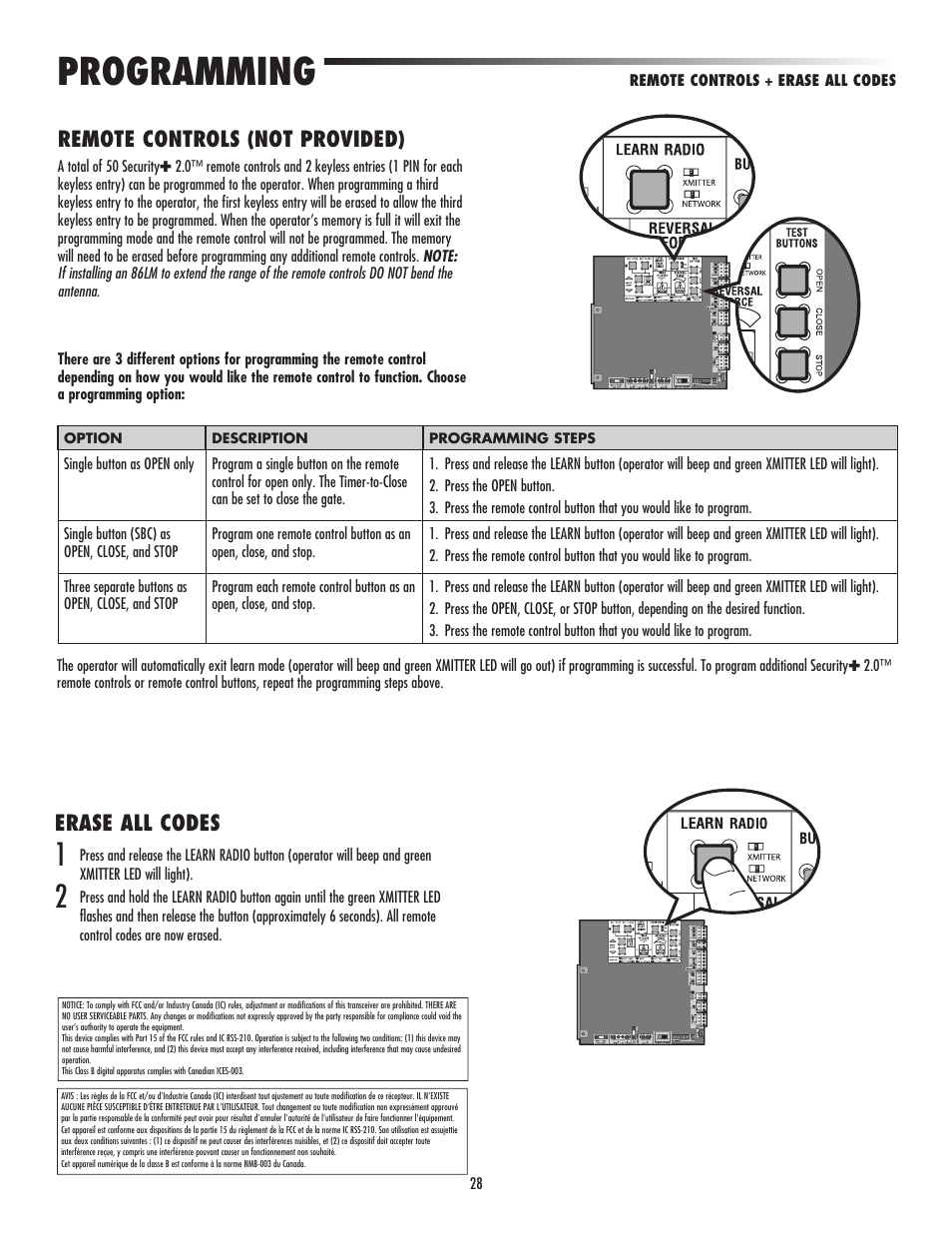 Programming, Remote controls (not provided), Erase all codes | LiftMaster CSW24V High-Cycle Commercial DC Swing Gate Operator User Manual | Page 30 / 52