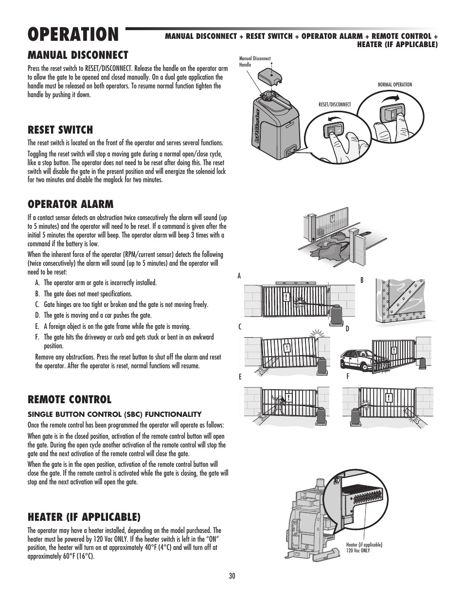 Operation, Manual disconnect, Reset switch | Operator alarm, Remote control, Heater (if applicable) | LiftMaster CSW24V High-Cycle Commercial DC Swing Gate Operator User Manual | Page 32 / 52