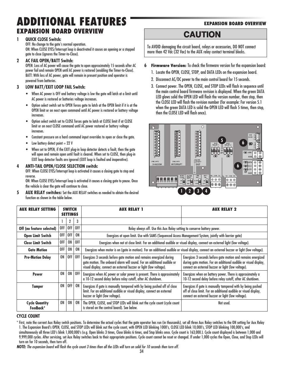Expansion board overview, Additional features | LiftMaster CSW24V High-Cycle Commercial DC Swing Gate Operator User Manual | Page 36 / 52