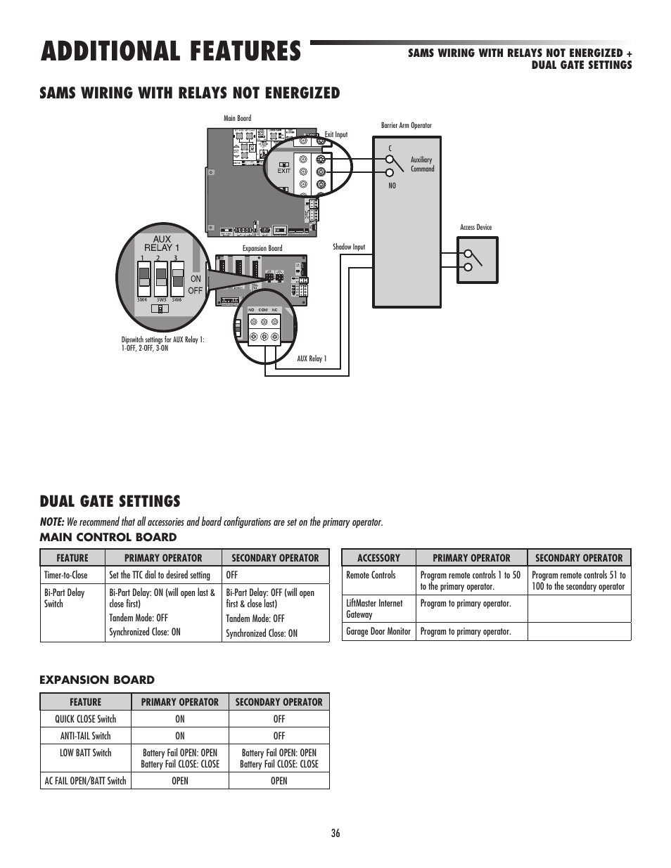 Sams wiring with relays not energized, Dual gate settings, Additional features | LiftMaster CSW24V High-Cycle Commercial DC Swing Gate Operator User Manual | Page 38 / 52