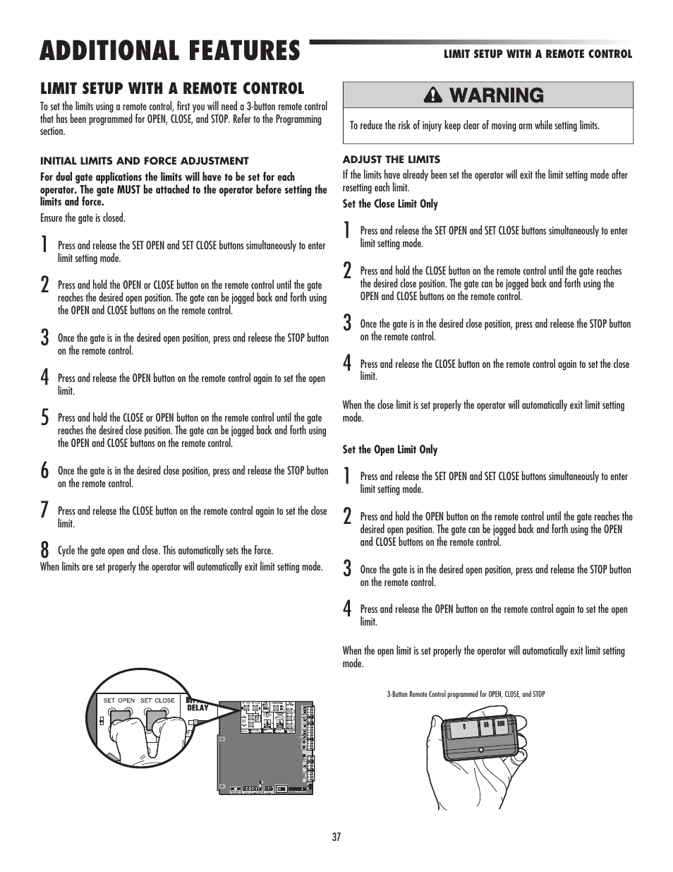 Limit setup with a remote control, Additional features | LiftMaster CSW24V High-Cycle Commercial DC Swing Gate Operator User Manual | Page 39 / 52