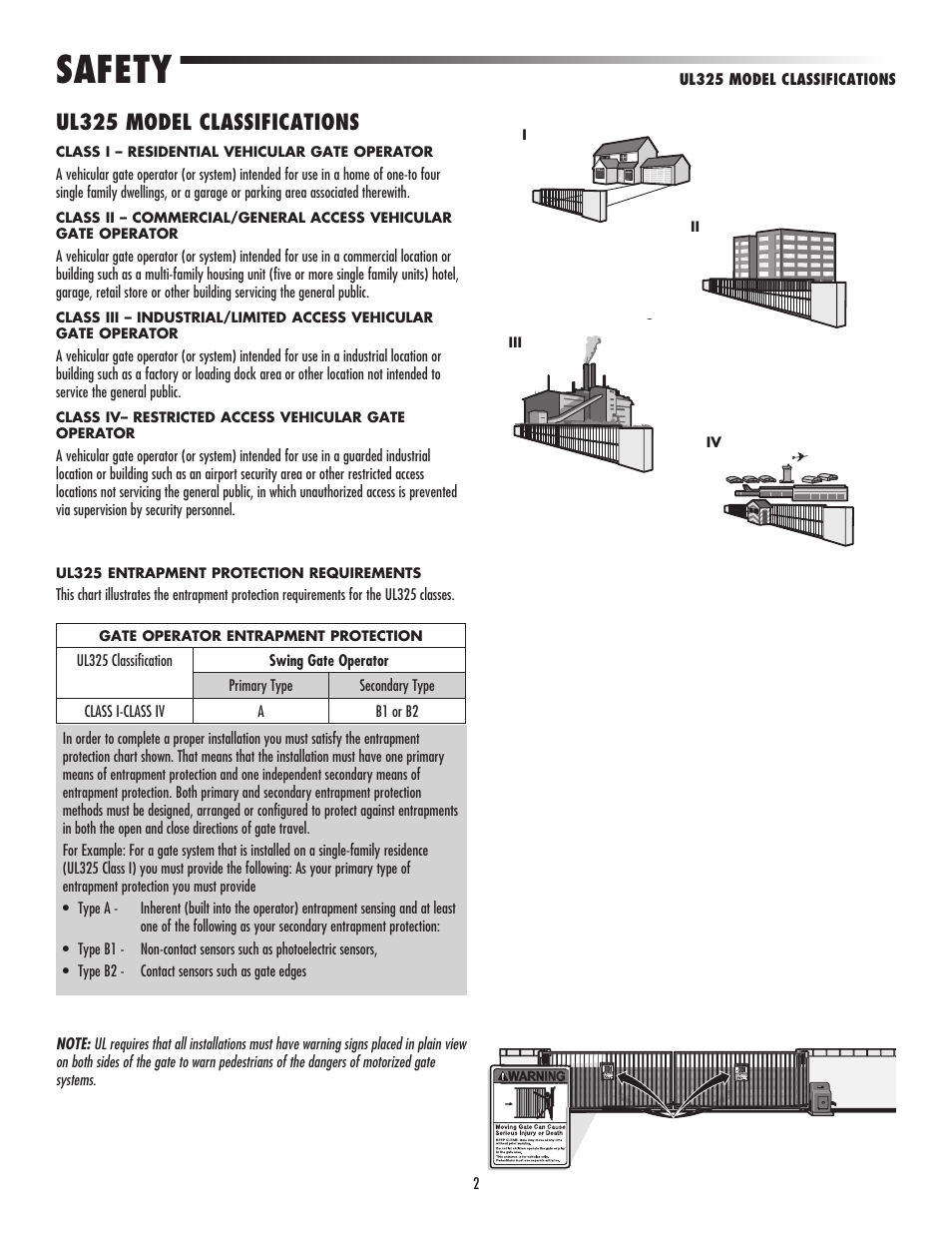 Ul325 model classifications, Safety | LiftMaster CSW24V High-Cycle Commercial DC Swing Gate Operator User Manual | Page 4 / 52