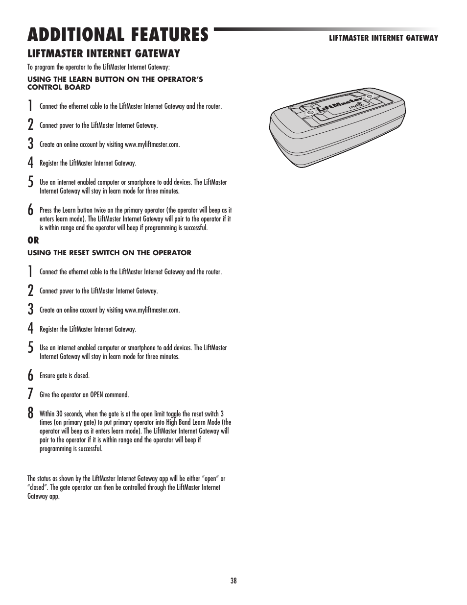 Liftmaster internet gateway, Additional features | LiftMaster CSW24V High-Cycle Commercial DC Swing Gate Operator User Manual | Page 40 / 52