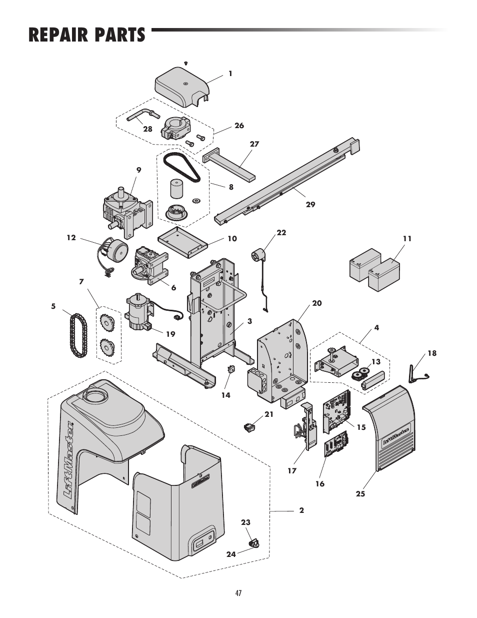 Repair parts | LiftMaster CSW24V High-Cycle Commercial DC Swing Gate Operator User Manual | Page 49 / 52