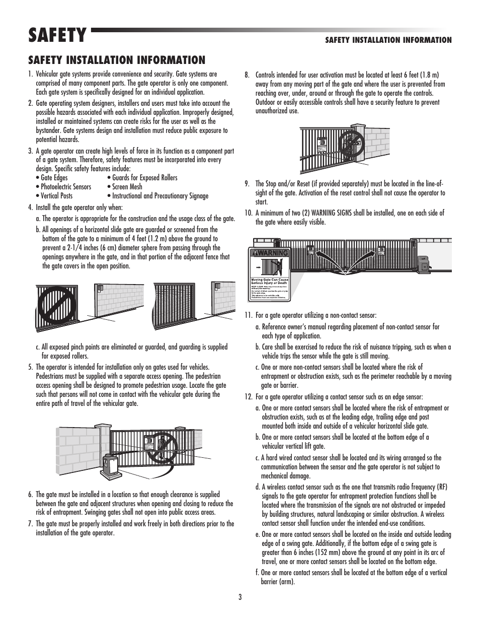 Safety installation information, Safety | LiftMaster CSW24V High-Cycle Commercial DC Swing Gate Operator User Manual | Page 5 / 52