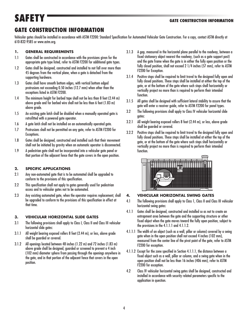 Gate construction information, Safety | LiftMaster CSW24V High-Cycle Commercial DC Swing Gate Operator User Manual | Page 6 / 52